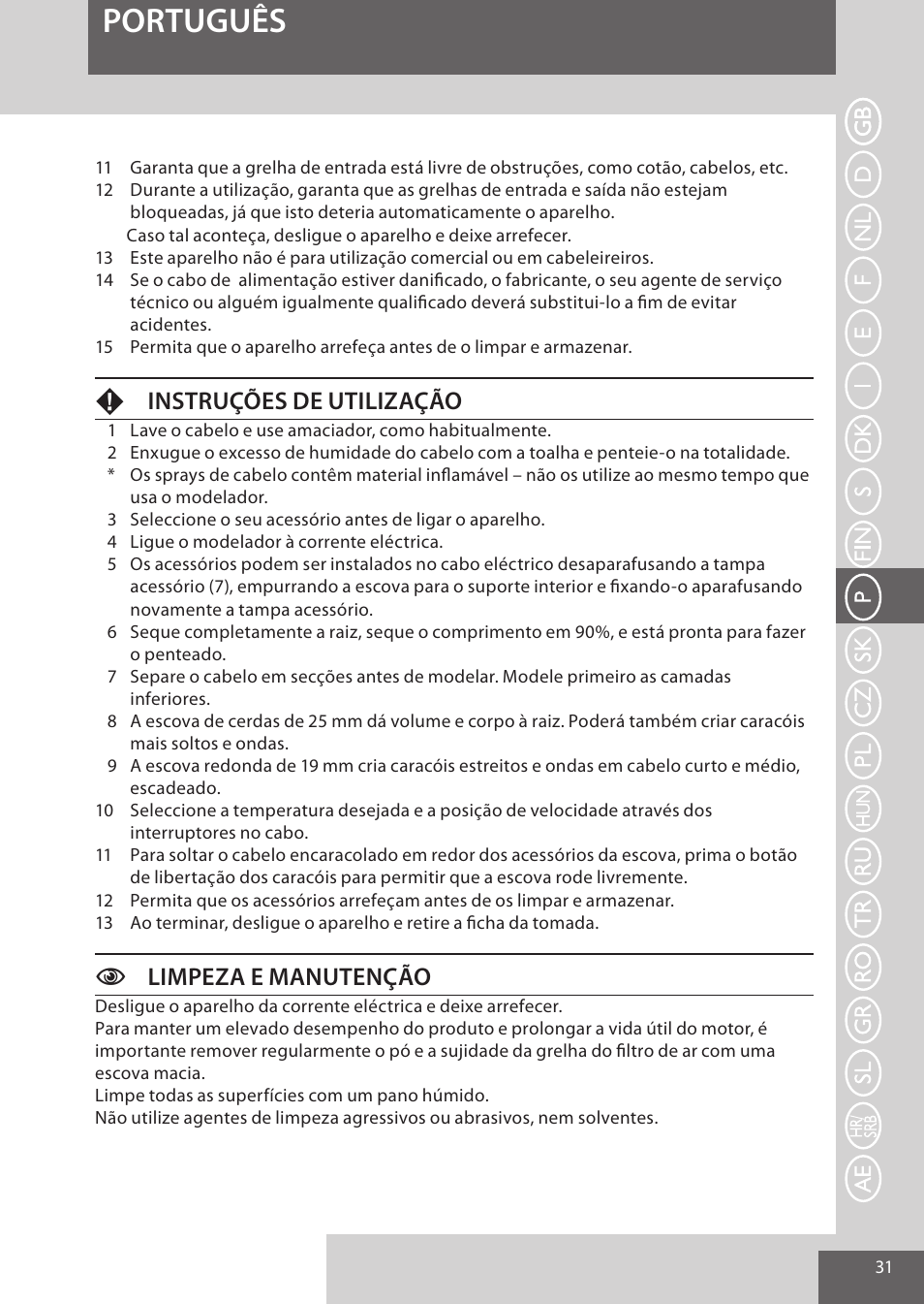 Português, Finstruções de utilização, Climpeza e manutenção | Remington AS300 User Manual | Page 31 / 72