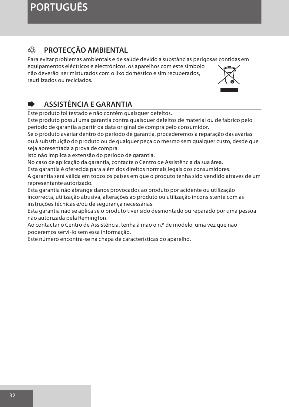 Português, Hprotecção ambiental, Eassistência e garantia | Remington AS300 User Manual | Page 32 / 72