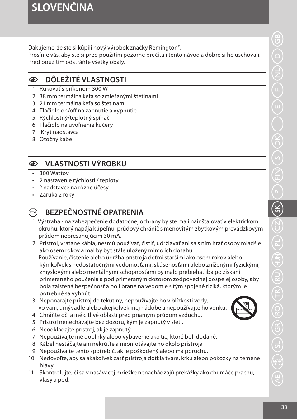 Slovenčina, Cdôležité vlastnosti, Cvlastnosti výrobku | Abezpečnostné opatrenia | Remington AS300 User Manual | Page 33 / 72