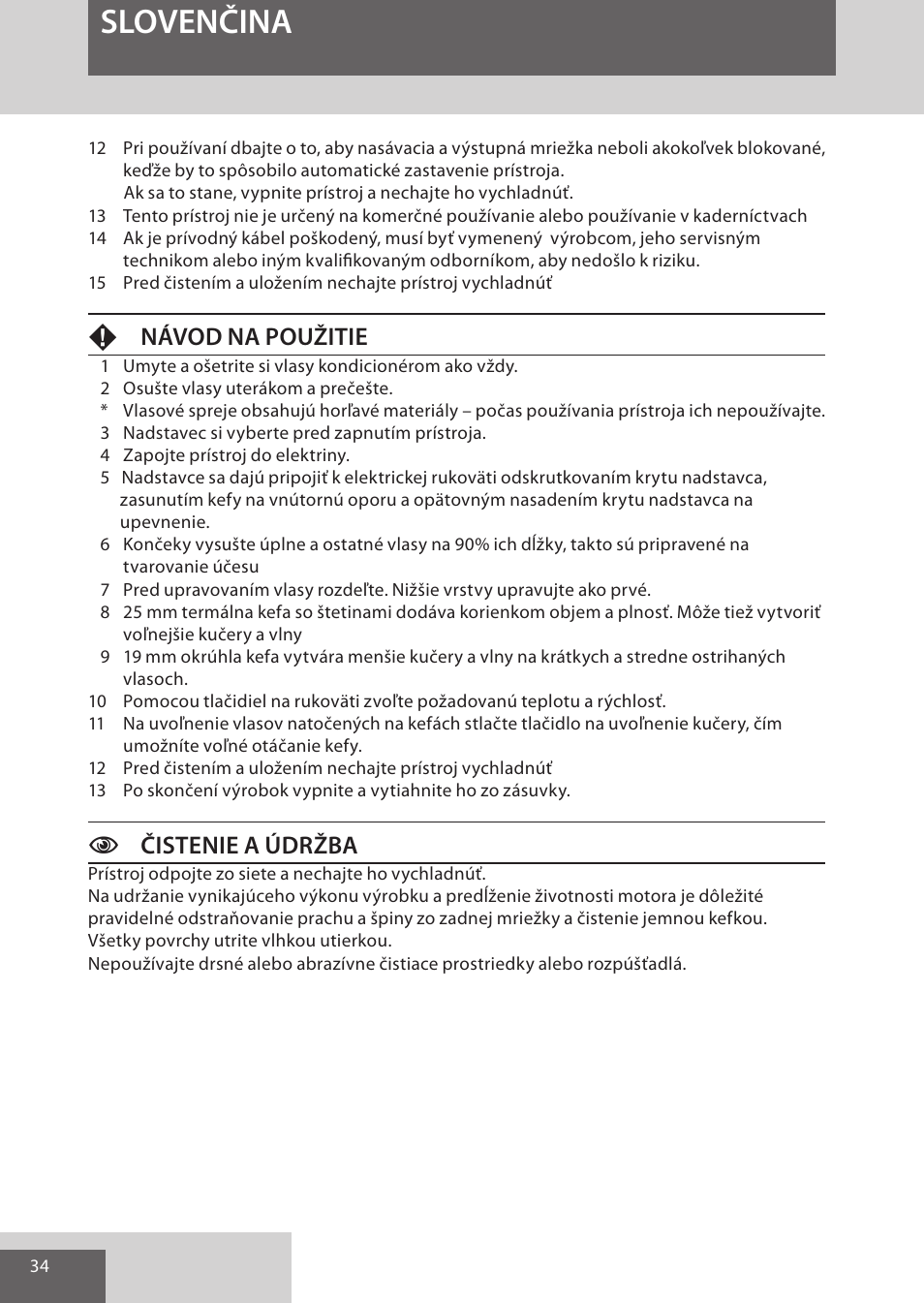 Slovenčina, Fnávod na použitie, Cčistenie a údržba | Remington AS300 User Manual | Page 34 / 72