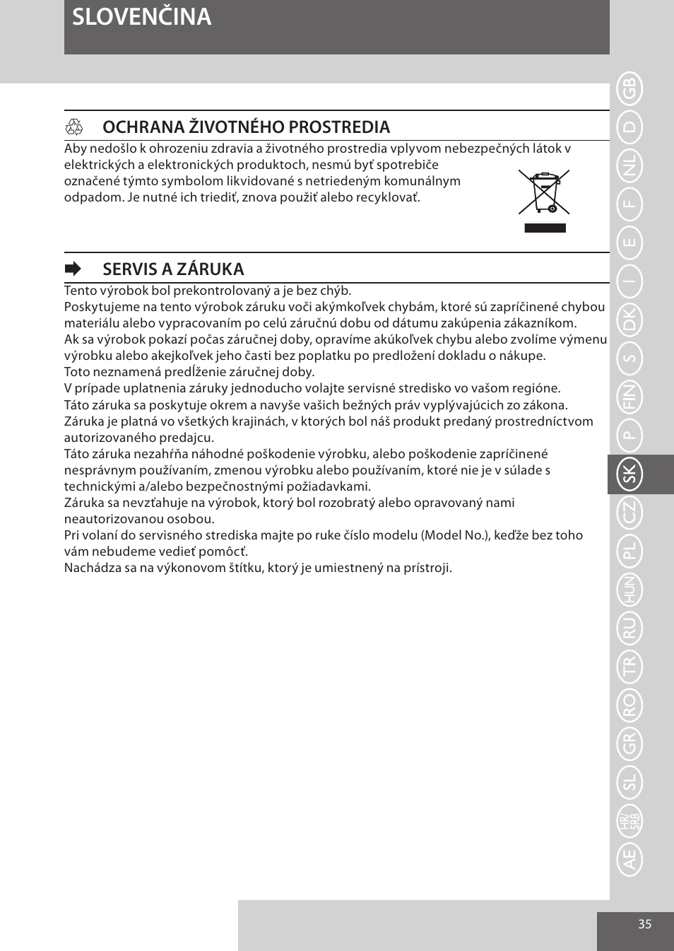 Slovenčina, Hochrana životného prostredia, Eservis a záruka | Remington AS300 User Manual | Page 35 / 72