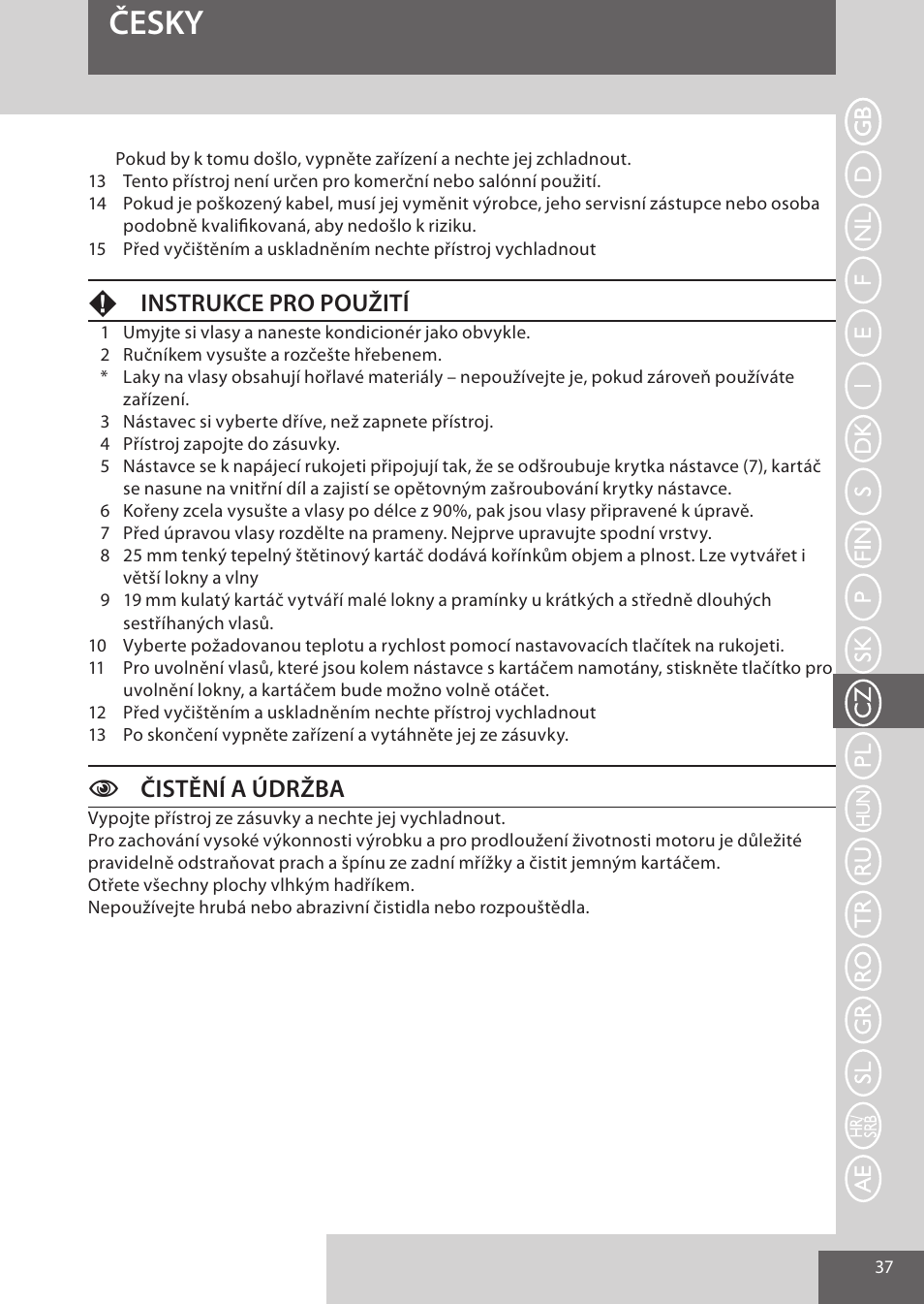 Česky, Finstrukce pro použití, Cčistění a údržba | Remington AS300 User Manual | Page 37 / 72