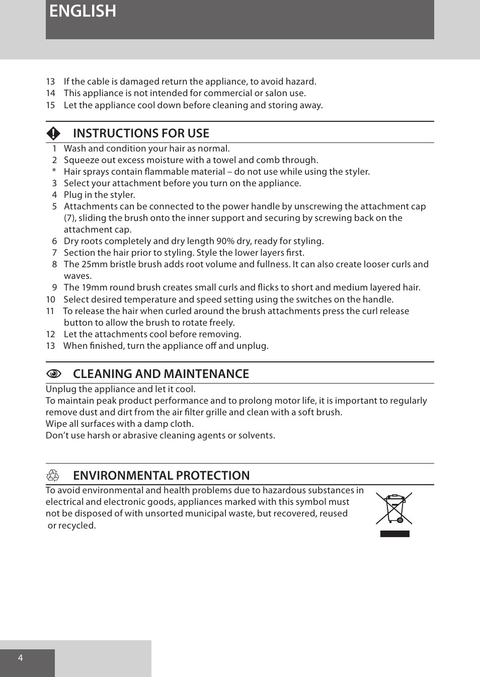 English, Finstructions for use, Ccleaning and maintenance | Henvironmental protection | Remington AS300 User Manual | Page 4 / 72