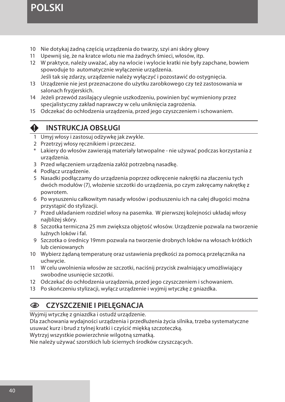 Polski, Finstrukcja obsługi, Cczyszczenie i pielęgnacja | Remington AS300 User Manual | Page 40 / 72