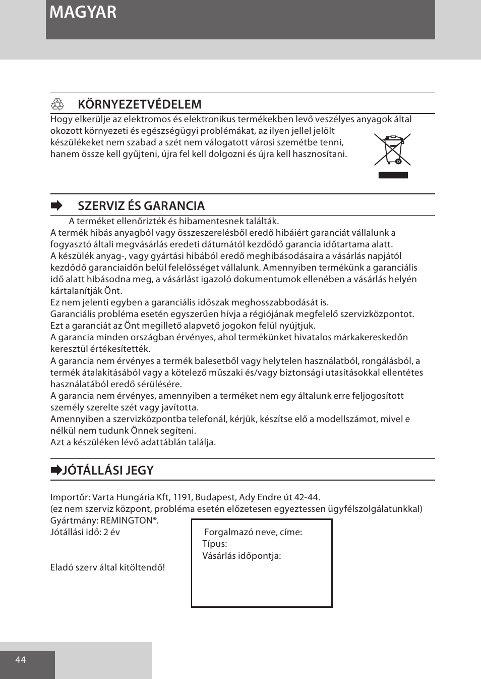 Magyar, Hkörnyezetvédelem, Eszerviz és garancia | Ejótállási jegy | Remington AS300 User Manual | Page 44 / 72