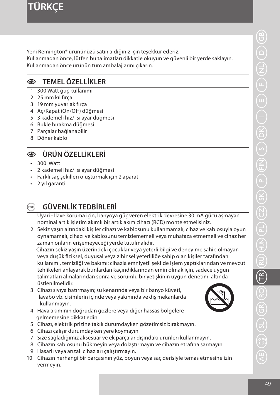 Türkçe, Ctemel özellikler, Cürün özellikleri | Agüvenlik tedbirleri | Remington AS300 User Manual | Page 49 / 72