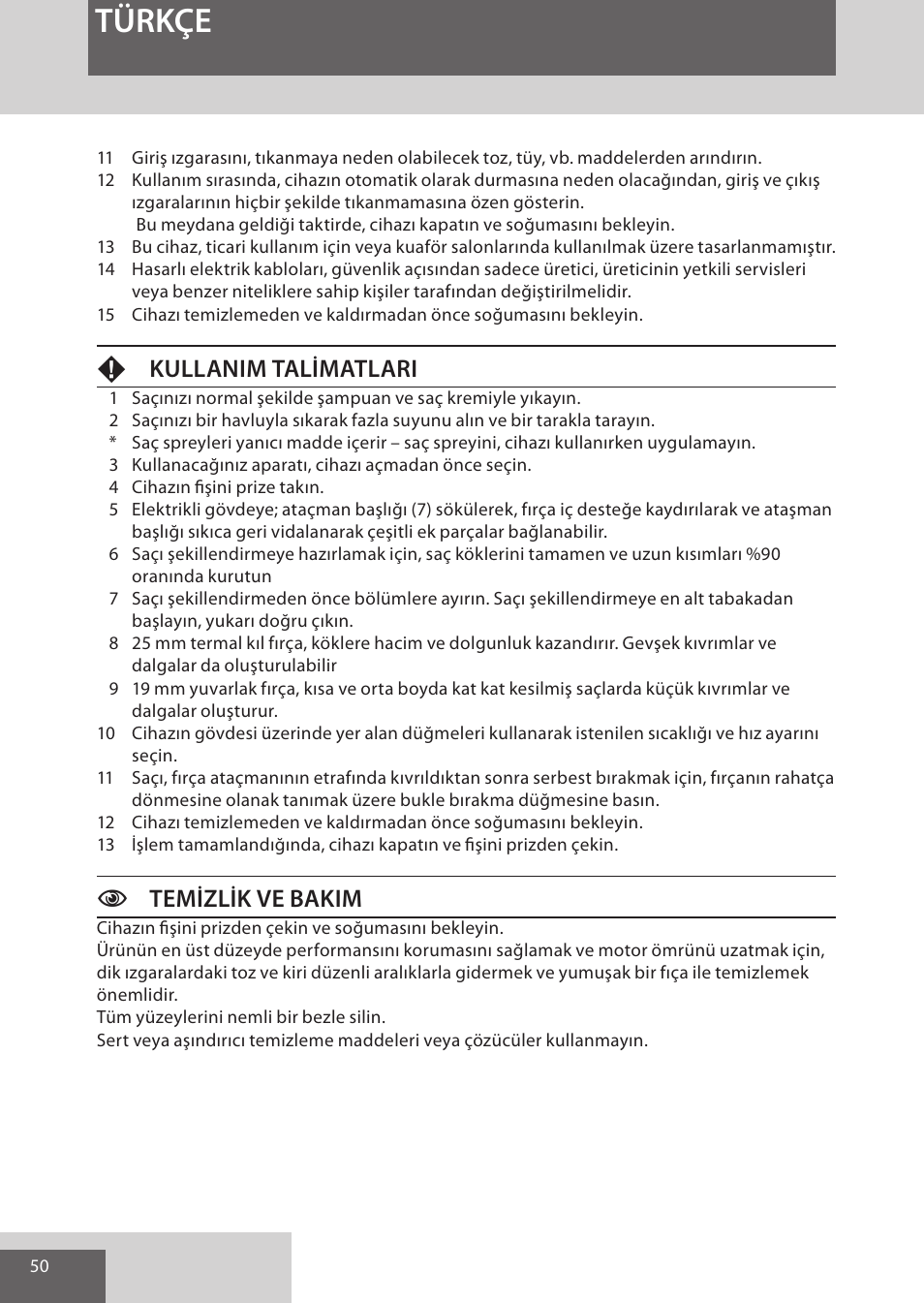 Türkçe, Fkullanim talimatlari, Ctemizlik ve bakim | Remington AS300 User Manual | Page 50 / 72