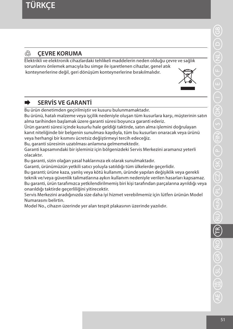 Türkçe, Hçevre koruma, Eservis ve garanti | Remington AS300 User Manual | Page 51 / 72