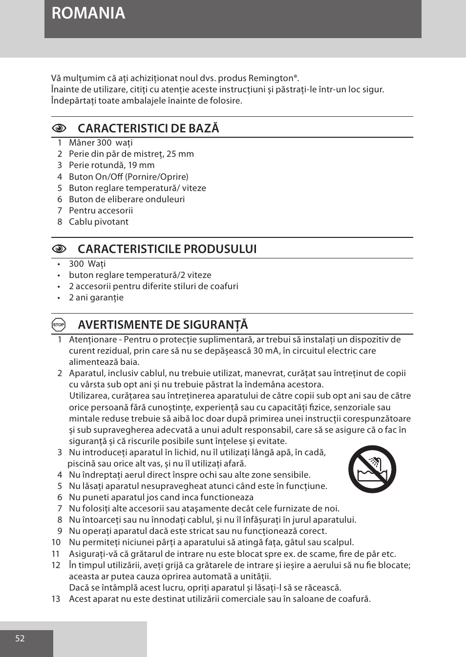 Romania, Ccaracteristici de bază, Ccaracteristicile produsului | Aavertismente de siguranță | Remington AS300 User Manual | Page 52 / 72