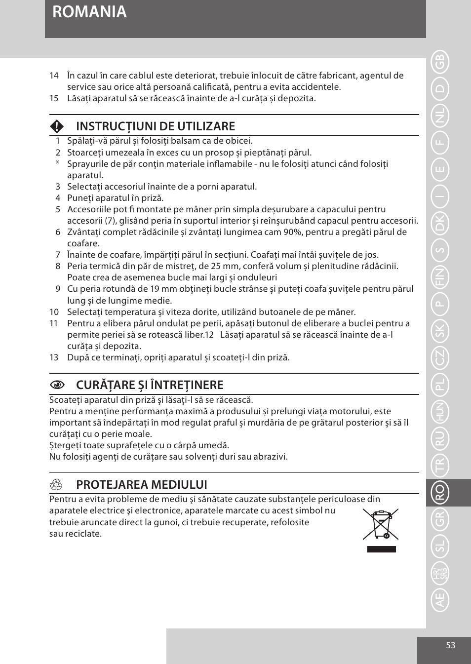 Romania, Finstrucțiuni de utilizare, Ccurățare și întreținere | Hprotejarea mediului | Remington AS300 User Manual | Page 53 / 72