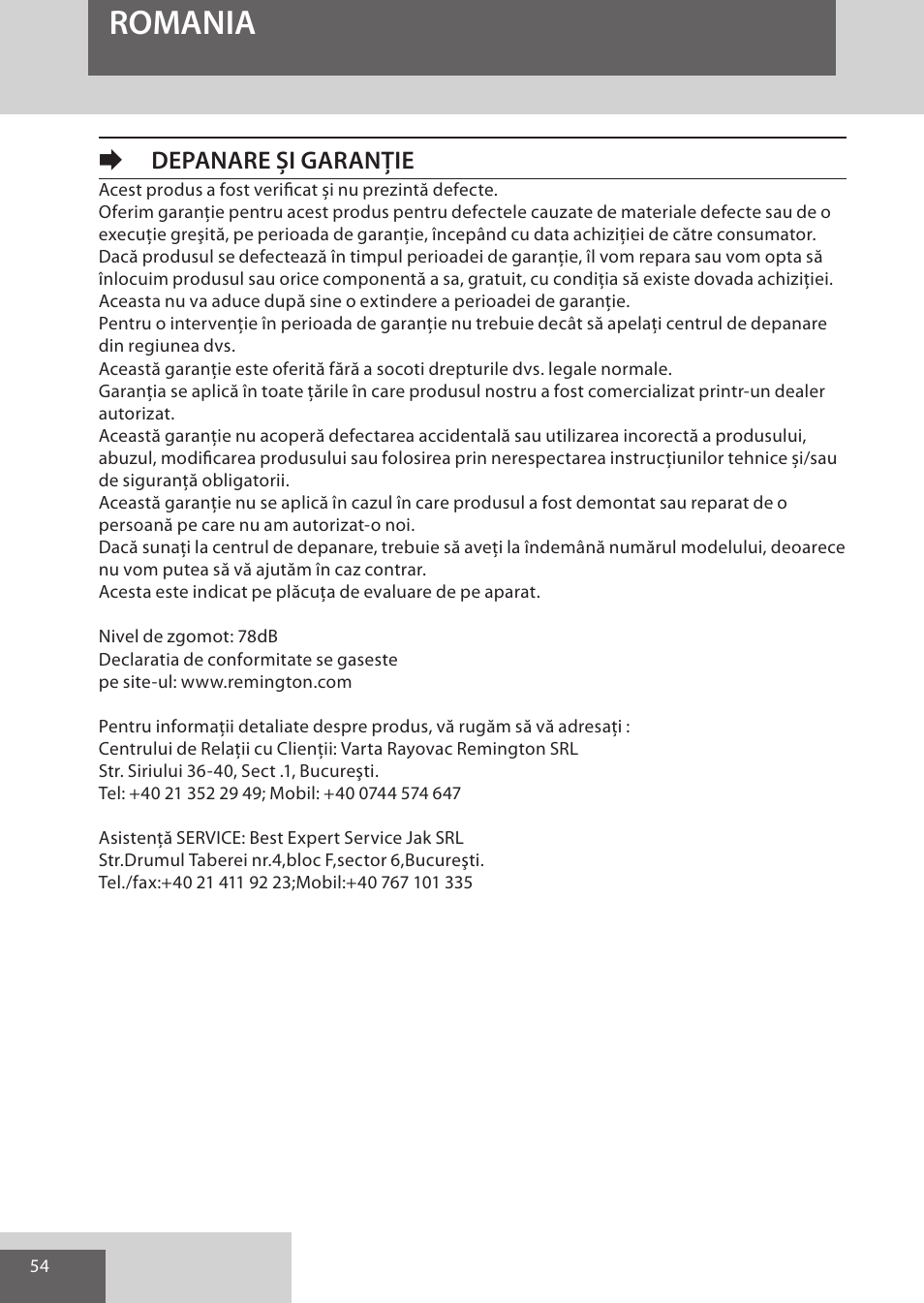 Romania, Edepanare și garanție | Remington AS300 User Manual | Page 54 / 72