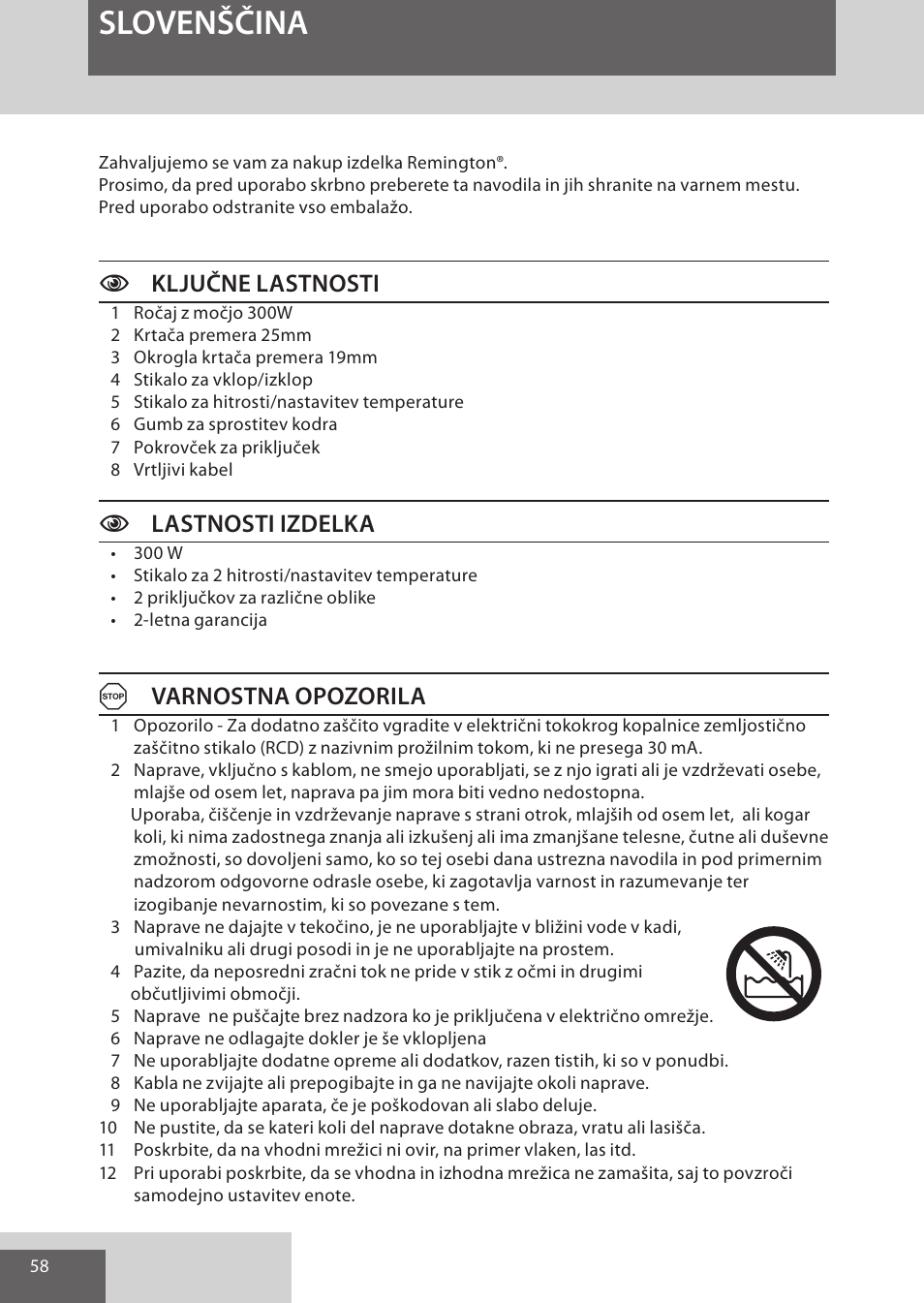 Slovenščina, Cključne lastnosti, Clastnosti izdelka | Avarnostna opozorila | Remington AS300 User Manual | Page 58 / 72