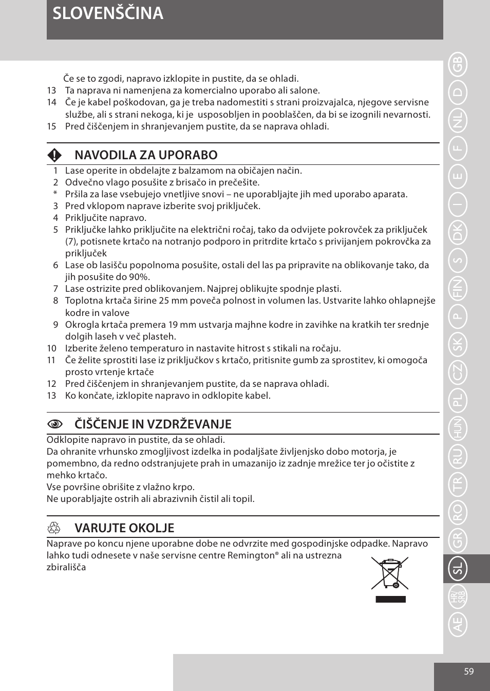 Slovenščina, Fnavodila za uporabo, Cčiščenje in vzdrževanje | Hvarujte okolje | Remington AS300 User Manual | Page 59 / 72