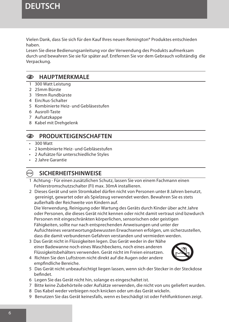 Deutsch, Chauptmerkmale, Cprodukteigenschaften | Asicherheitshinweise | Remington AS300 User Manual | Page 6 / 72