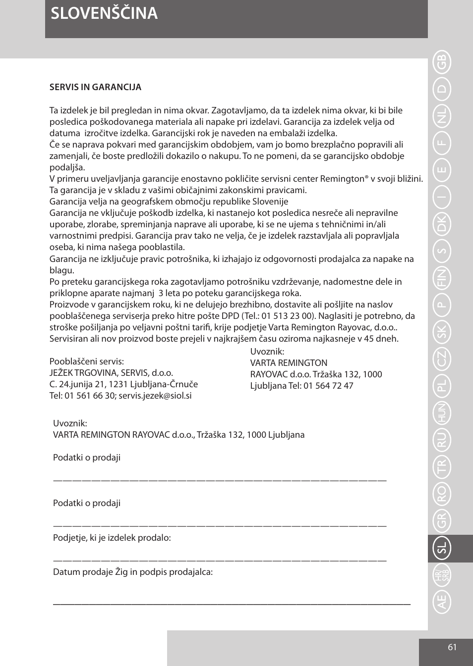 Slovenščina | Remington AS300 User Manual | Page 61 / 72
