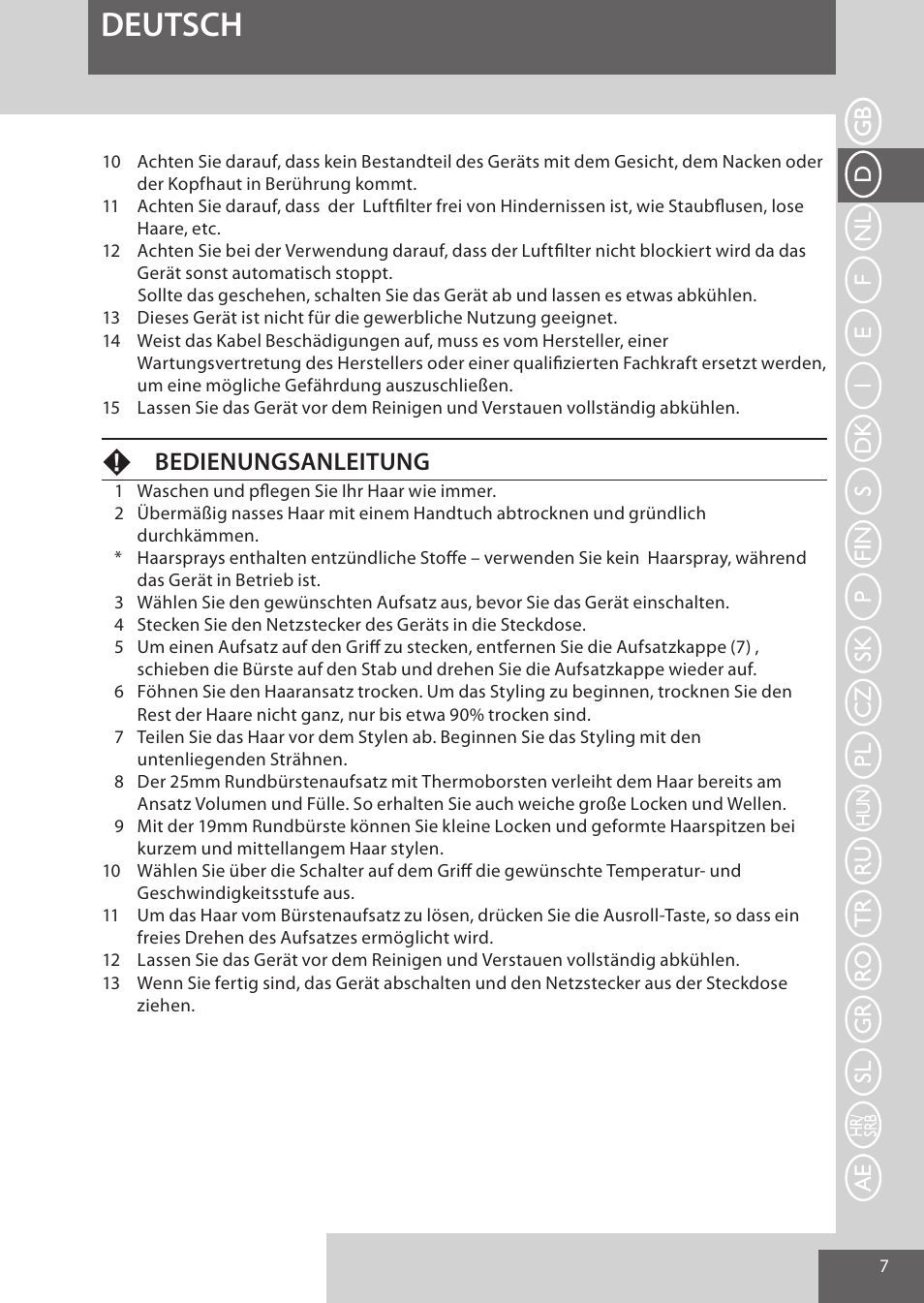 Deutsch, Fbedienungsanleitung | Remington AS300 User Manual | Page 7 / 72