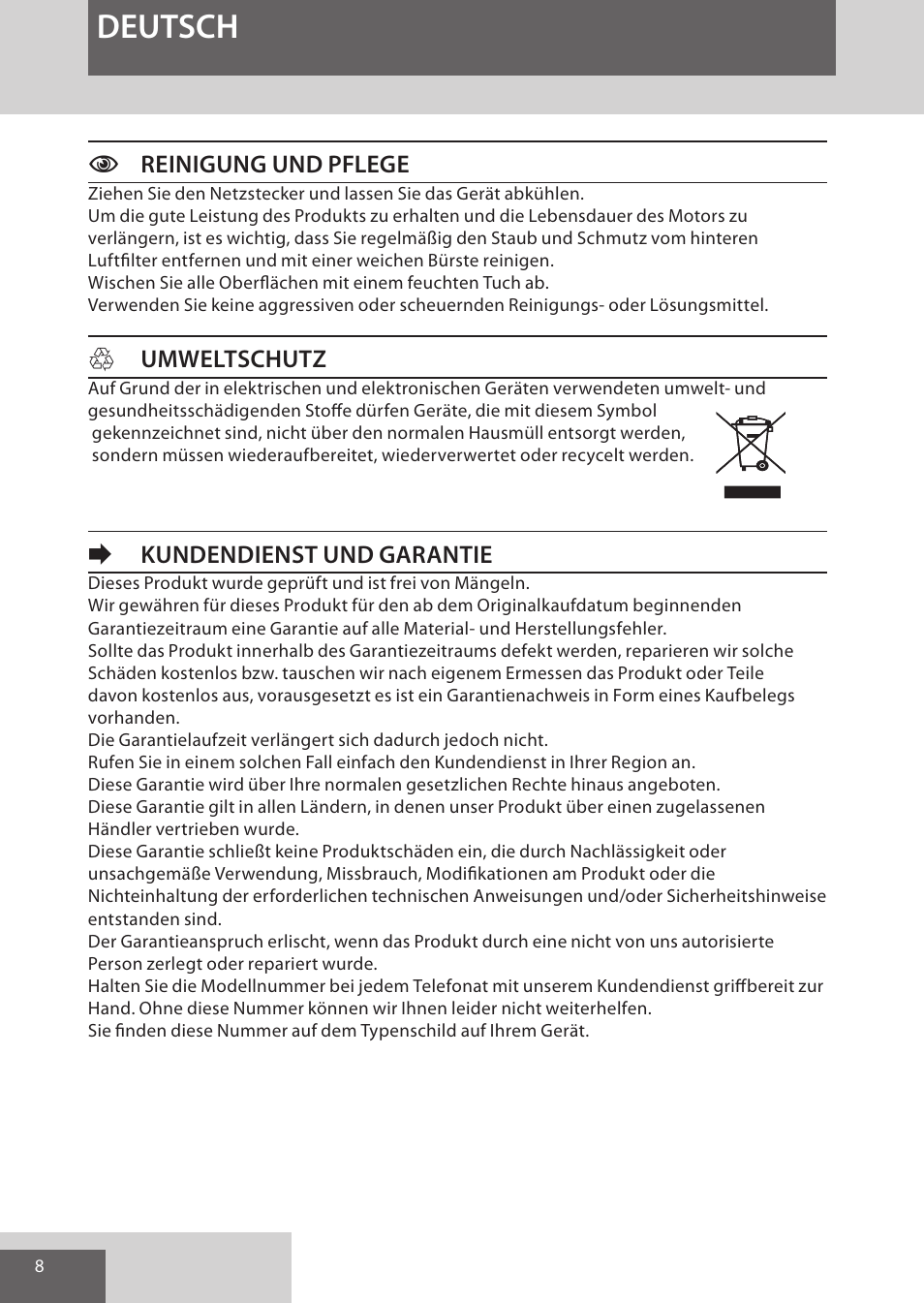 Deutsch, Creinigung und pflege, Humweltschutz | Ekundendienst und garantie | Remington AS300 User Manual | Page 8 / 72