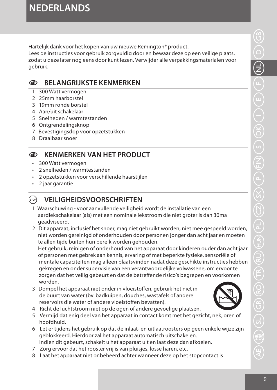 Nederlands, Cbelangrijkste kenmerken, Ckenmerken van het product | Aveiligheidsvoorschriften | Remington AS300 User Manual | Page 9 / 72
