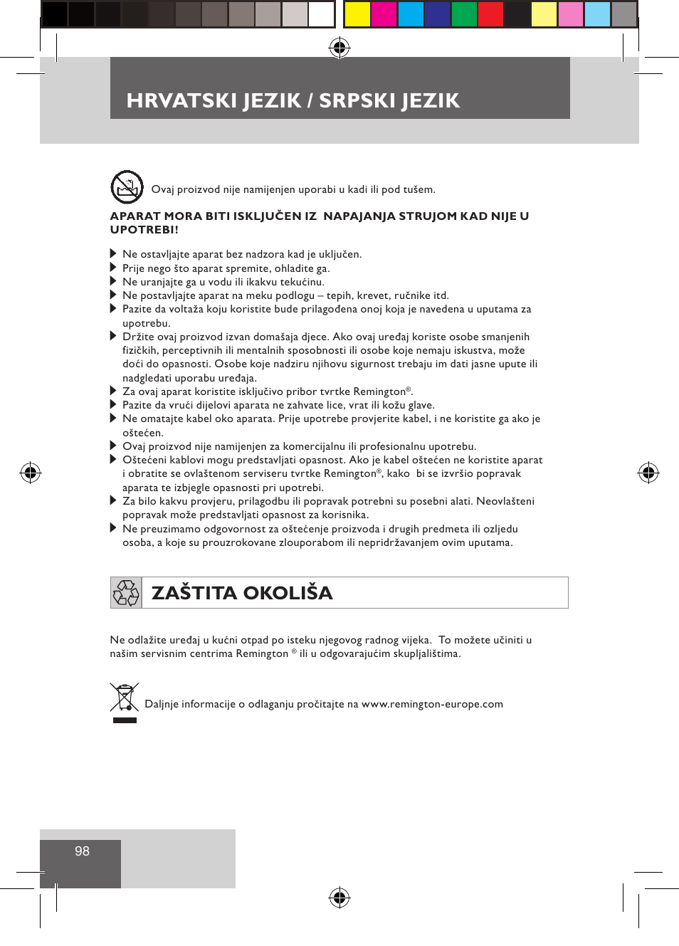 Hrvatski jezik / srpski jezik, Zaštita okoliša | Remington CI9522 User Manual | Page 100 / 108