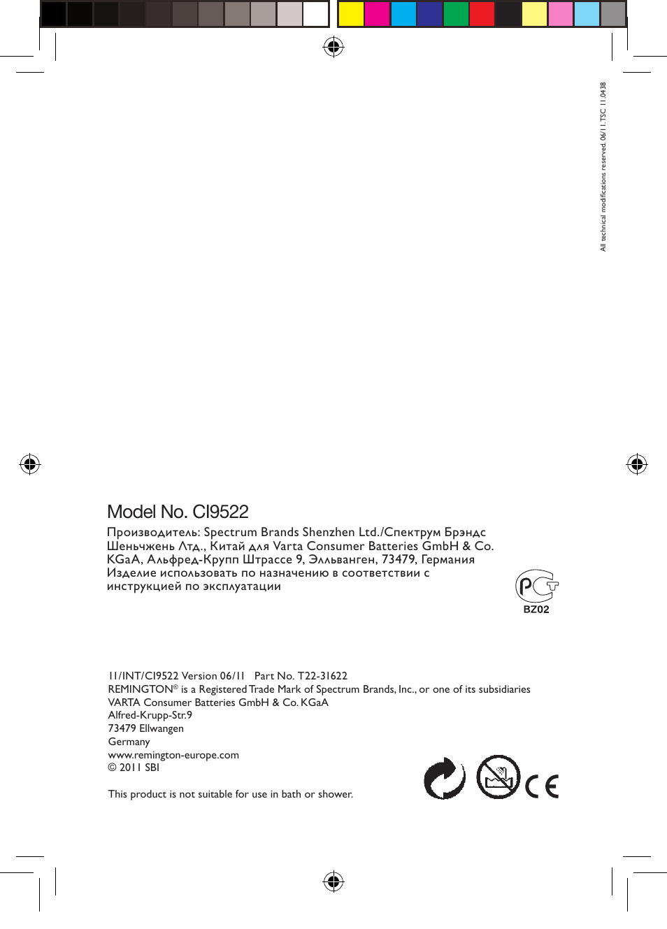 Model no. ci9522 | Remington CI9522 User Manual | Page 108 / 108