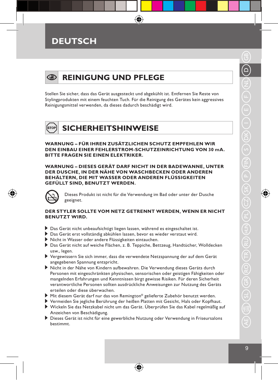Deutsch, Reinigung und pflege, Sicherheitshinweise | Remington CI9522 User Manual | Page 11 / 108