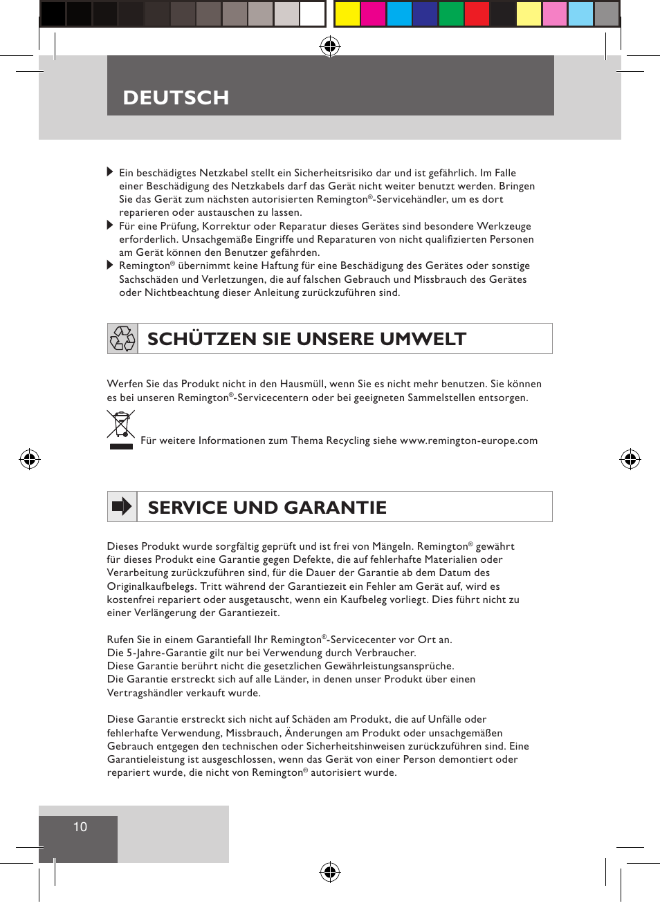 Deutsch, Schützen sie unsere umwelt, Service und garantie | Remington CI9522 User Manual | Page 12 / 108