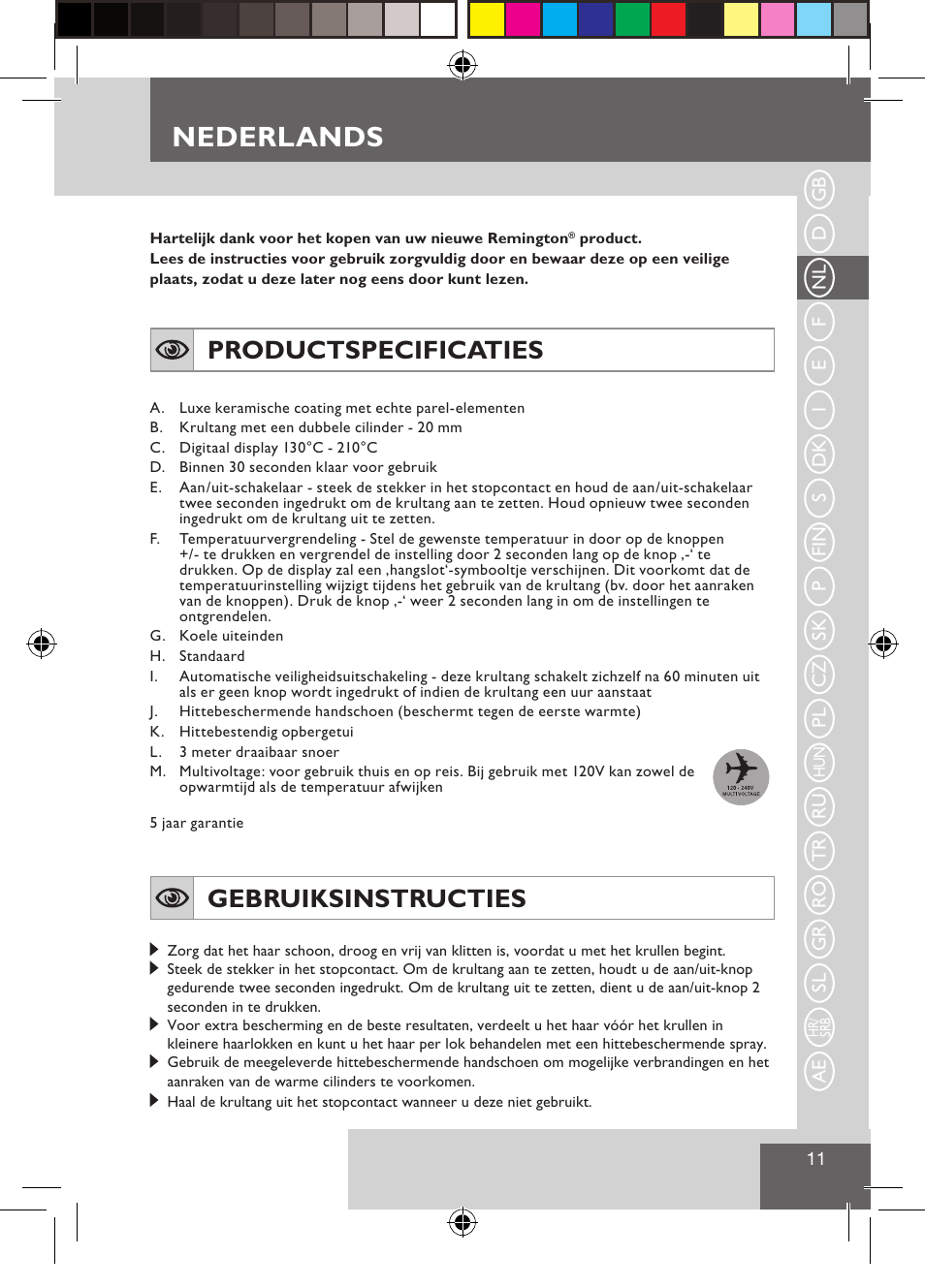 Nederlands, Productspecificaties, Gebruiksinstructies | Remington CI9522 User Manual | Page 13 / 108
