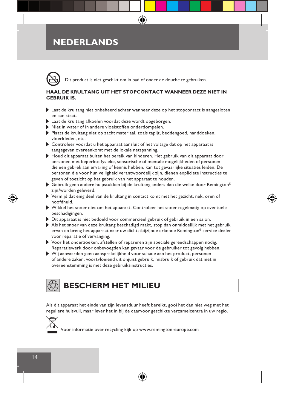 Nederlands, Bescherm het milieu | Remington CI9522 User Manual | Page 16 / 108