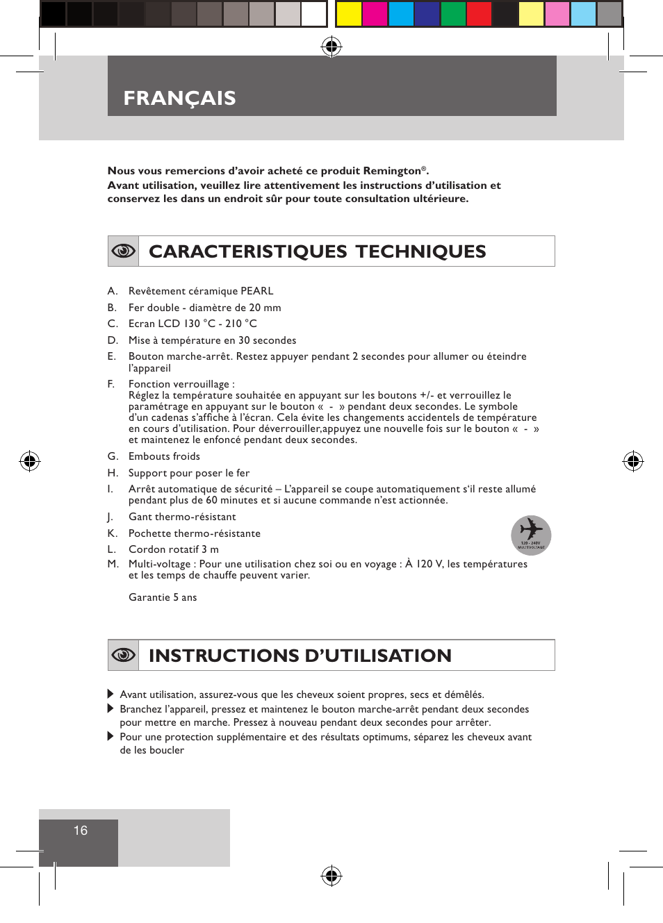 Français, Caracteristiques techniques, Instructions d’utilisation | Remington CI9522 User Manual | Page 18 / 108