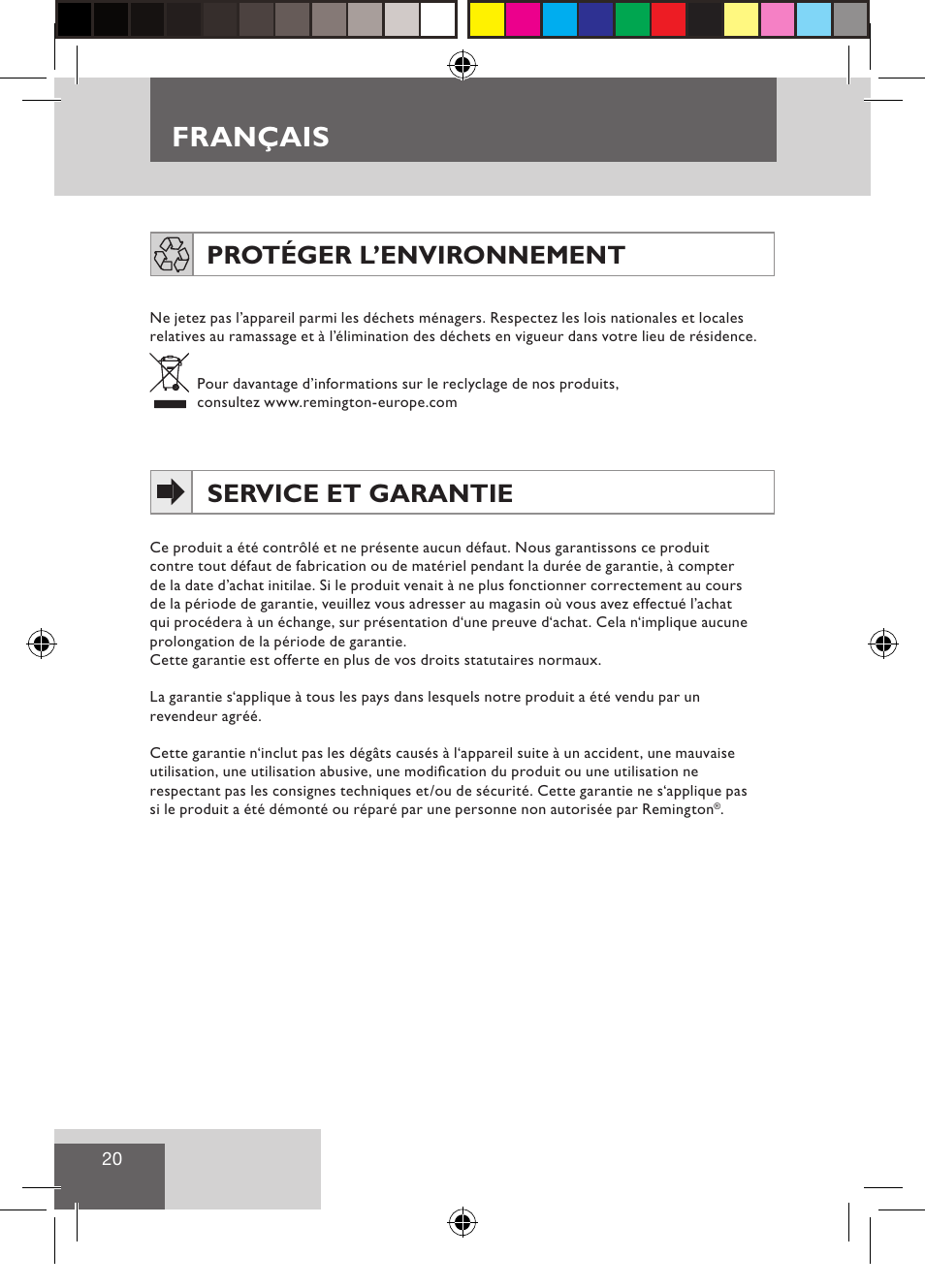 Français, Protéger l’environnement, Service et garantie | Remington CI9522 User Manual | Page 22 / 108