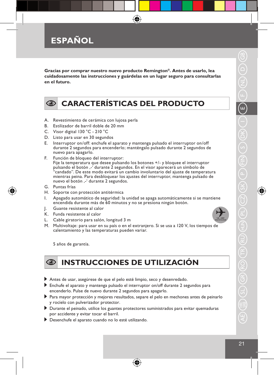 Español, Características del producto, Instrucciones de utilización | Remington CI9522 User Manual | Page 23 / 108