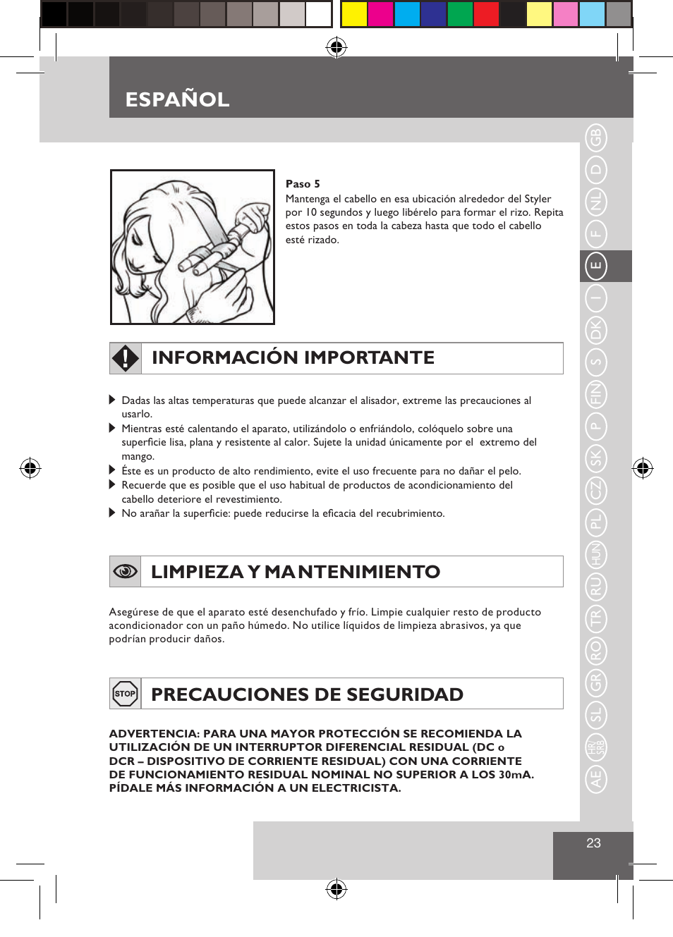 Español, Información importante, Limpieza y ma ntenimiento | Precauciones de seguridad | Remington CI9522 User Manual | Page 25 / 108