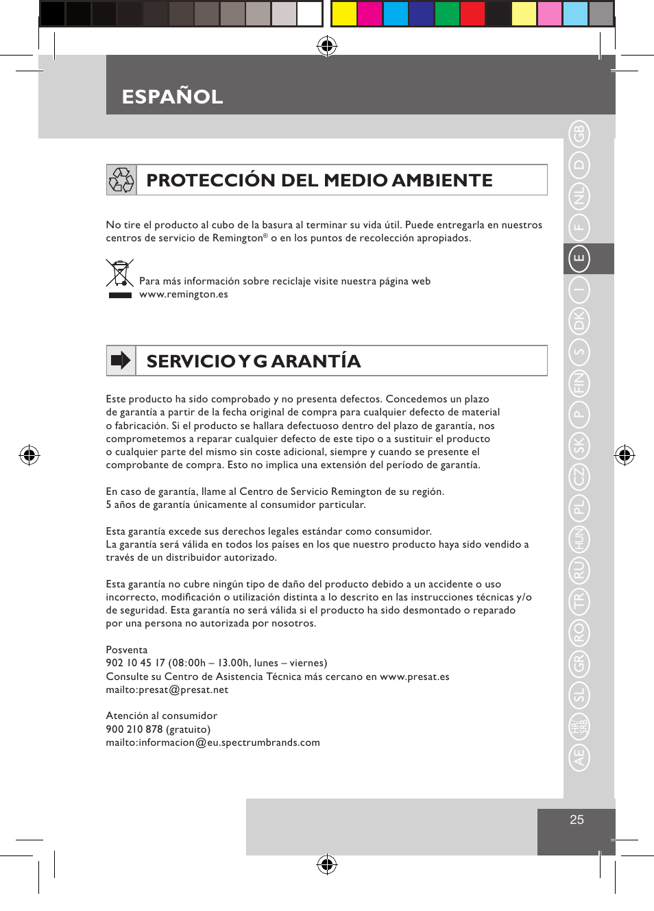 Español, Protección del medio ambiente, Servicio y g arantía | Remington CI9522 User Manual | Page 27 / 108