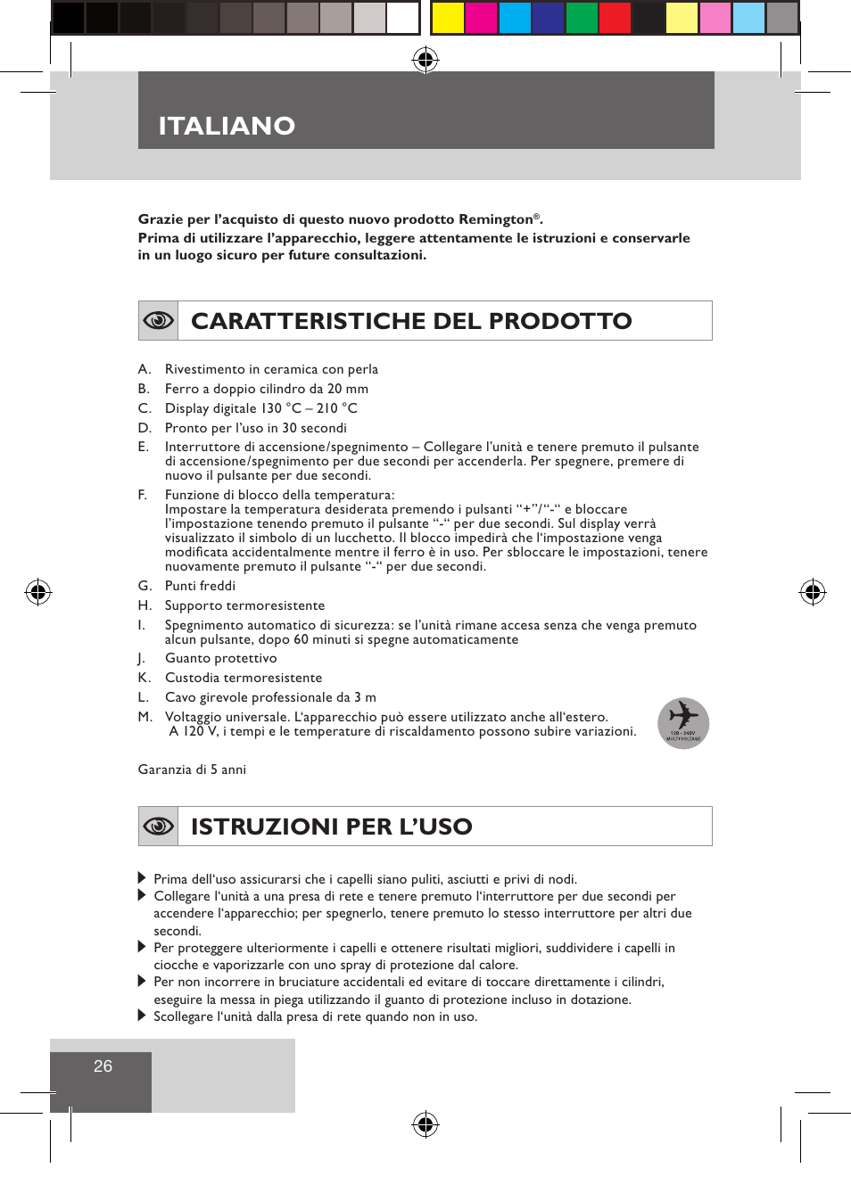 Italiano, Caratteristiche del prodotto, Istruzioni per l’uso | Remington CI9522 User Manual | Page 28 / 108