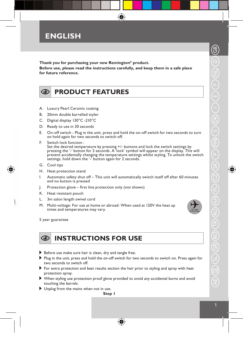 English, Product features, Instructions for use | Remington CI9522 User Manual | Page 3 / 108