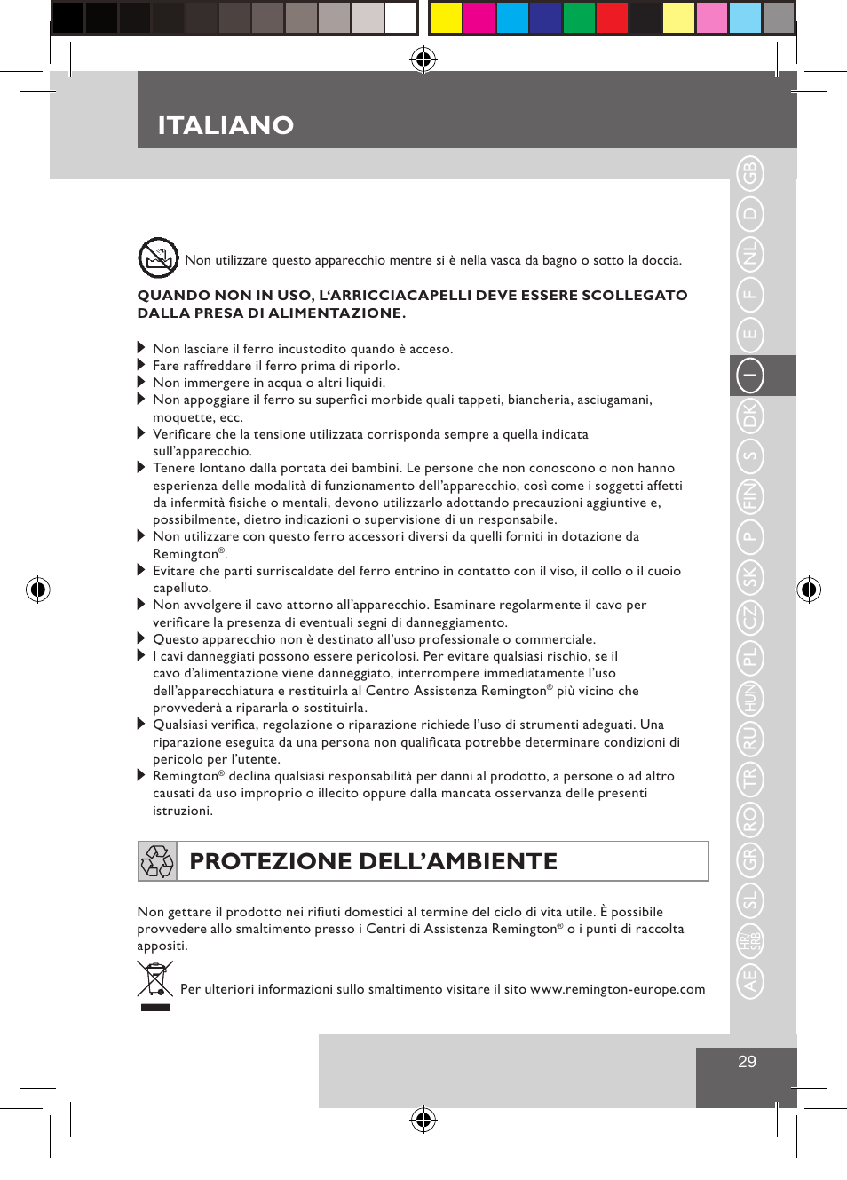 Italiano, Protezione dell’ambiente | Remington CI9522 User Manual | Page 31 / 108