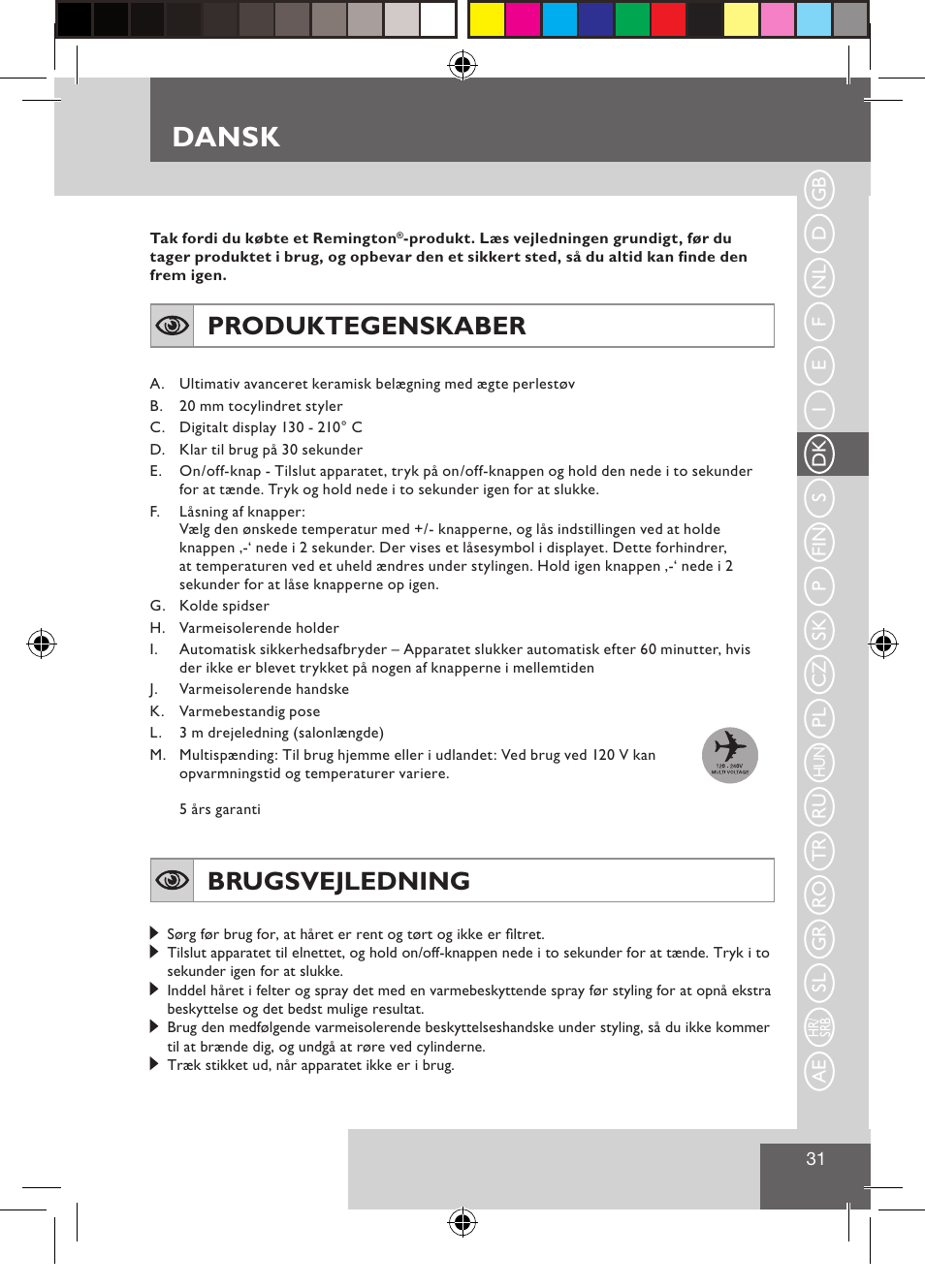 Dansk, Produktegenskaber, Brugsvejledning | Remington CI9522 User Manual | Page 33 / 108