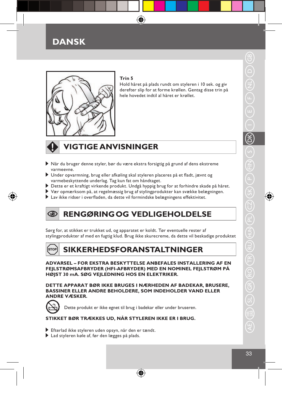 Dansk, Vigtige anvisninger, Rengøring og vedligeholdelse | Sikkerhedsforanstaltninger | Remington CI9522 User Manual | Page 35 / 108