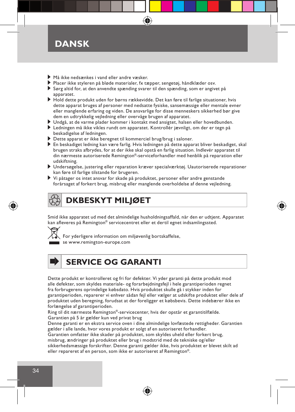 Dansk, Dk beskyt miljøet, Service og garanti | Remington CI9522 User Manual | Page 36 / 108