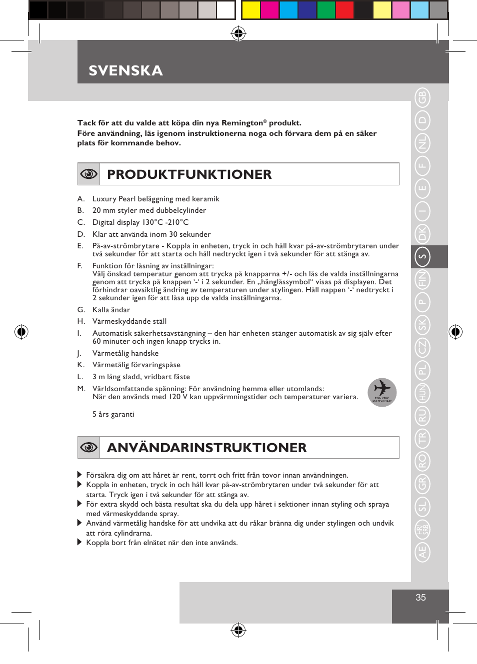 Svenska, Produktfunktioner, Användarinstruktioner | Remington CI9522 User Manual | Page 37 / 108