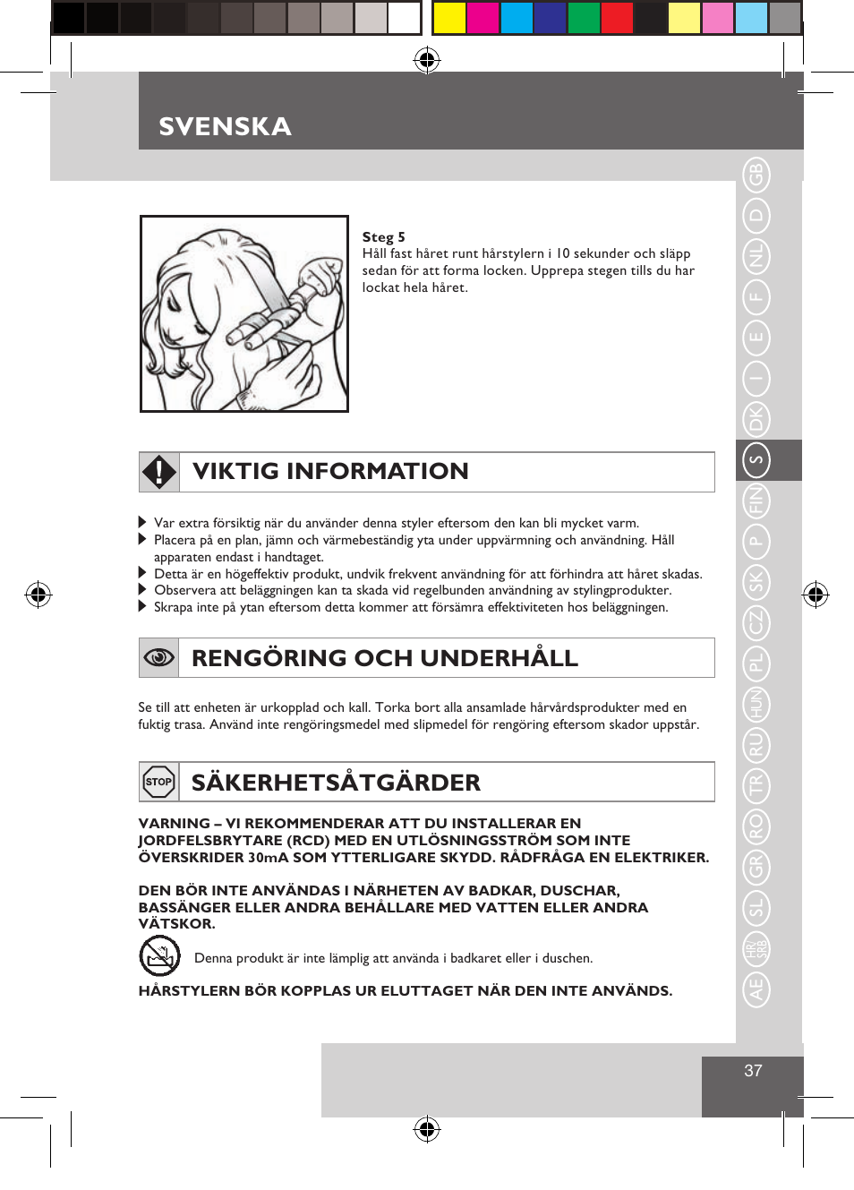 Svenska, Viktig information, Rengöring och underhåll | Säkerhetsåtgärder | Remington CI9522 User Manual | Page 39 / 108