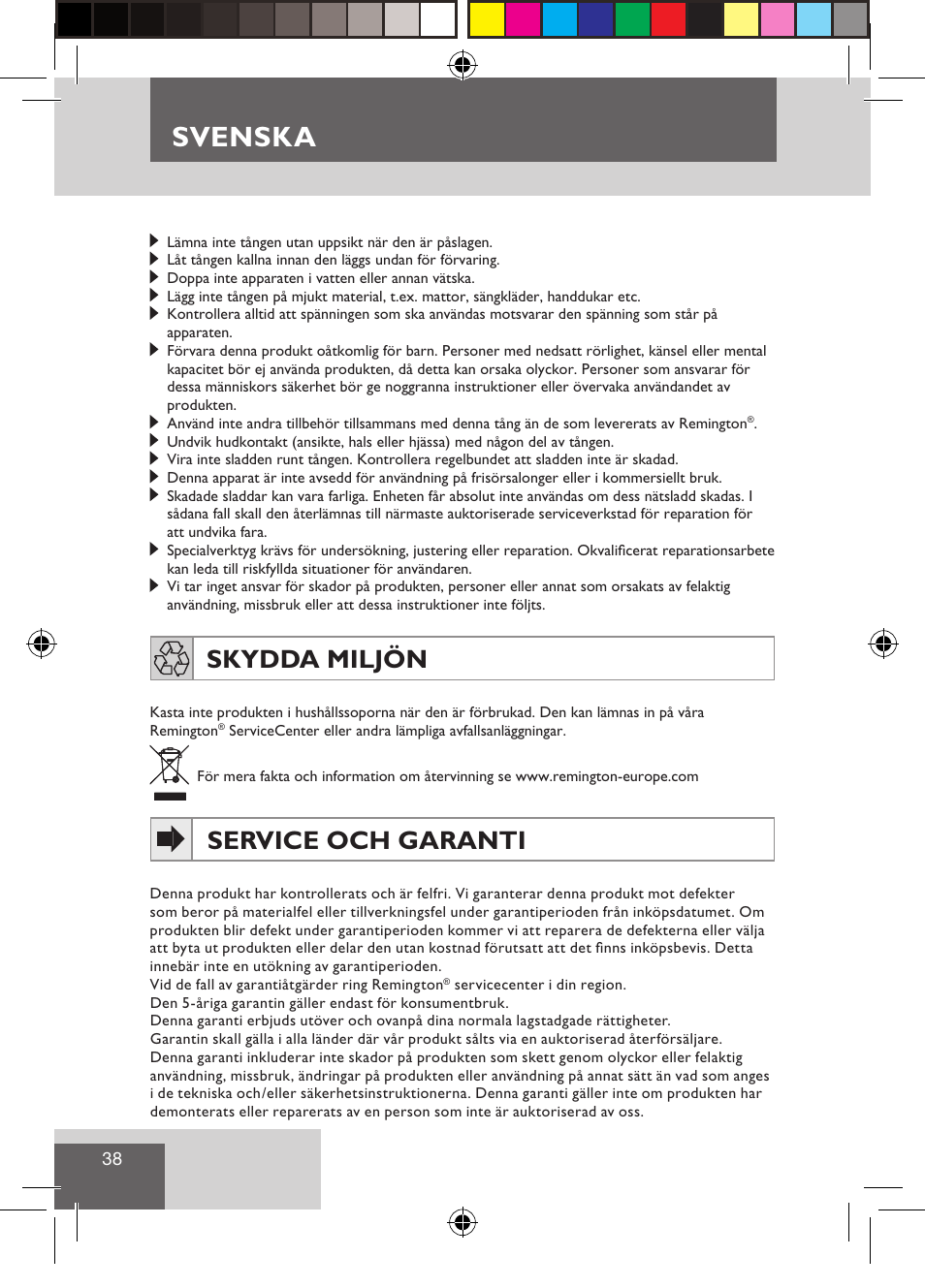 Svenska, Skydda miljön, Service och garanti | Remington CI9522 User Manual | Page 40 / 108