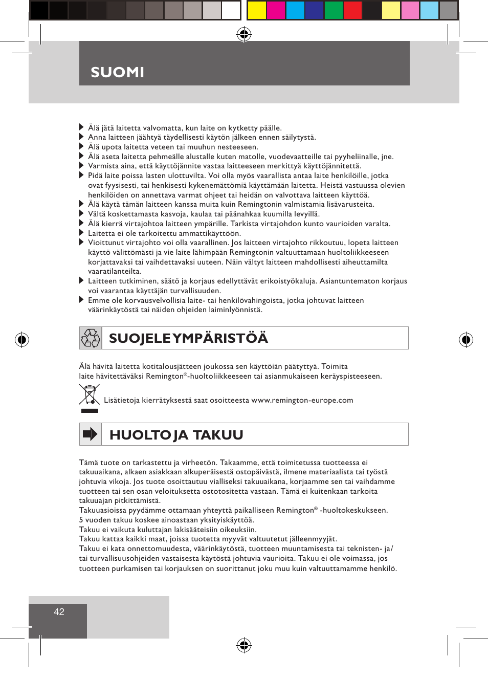 Suomi, Suojele ympäristöä, Huolto ja takuu | Remington CI9522 User Manual | Page 44 / 108