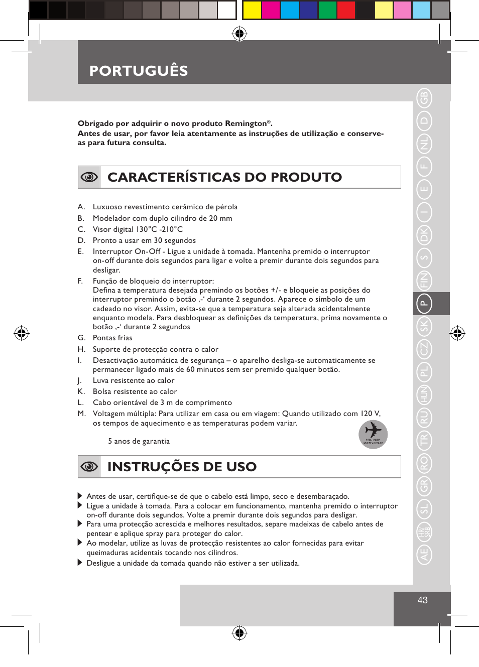 Português, Características do produto, Instruções de uso | Remington CI9522 User Manual | Page 45 / 108