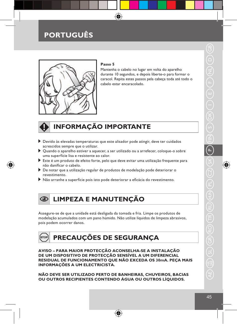 Português, Informação importante, Limpeza e manutenção | Precauções de segurança | Remington CI9522 User Manual | Page 47 / 108