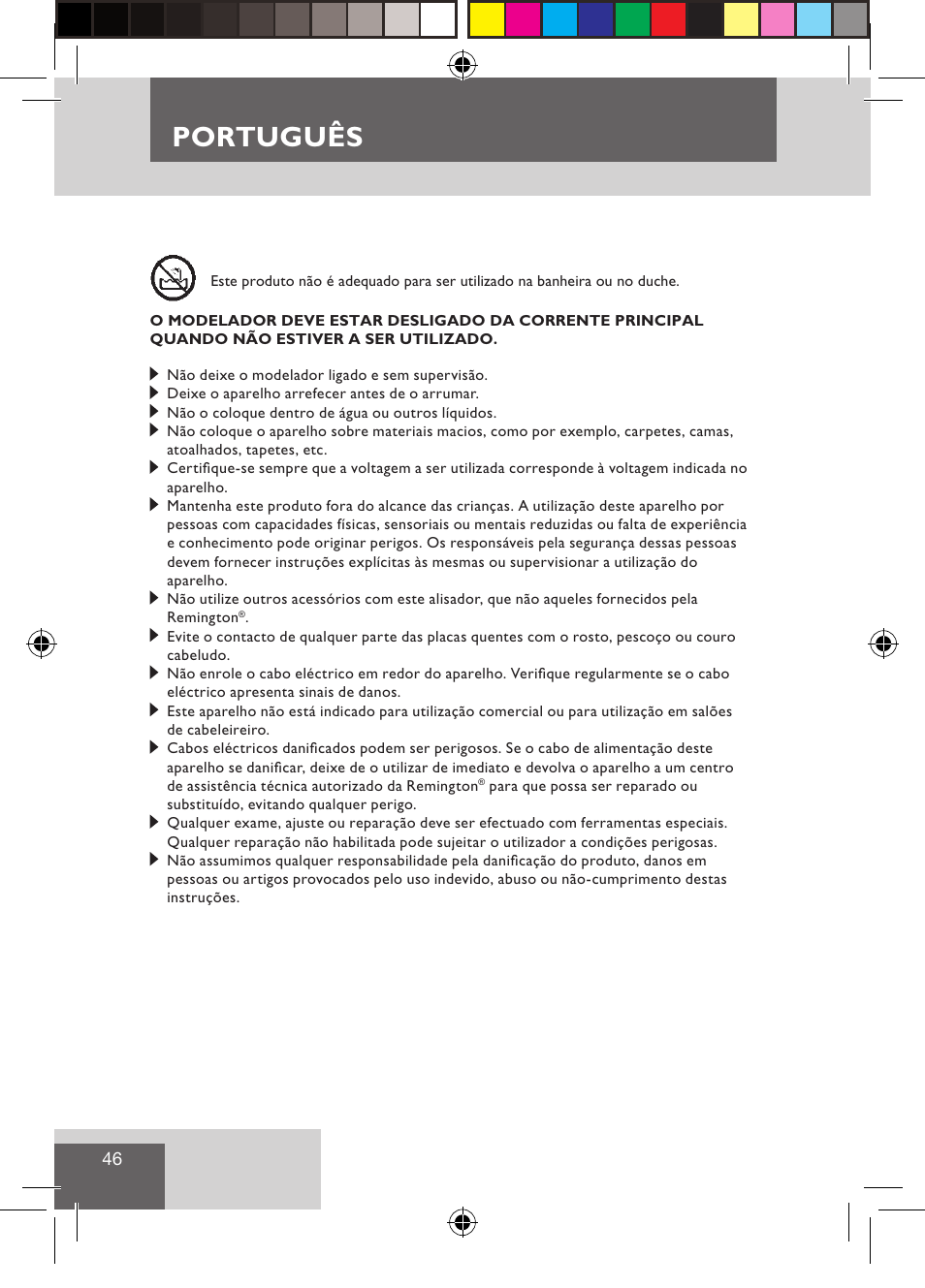 Português | Remington CI9522 User Manual | Page 48 / 108