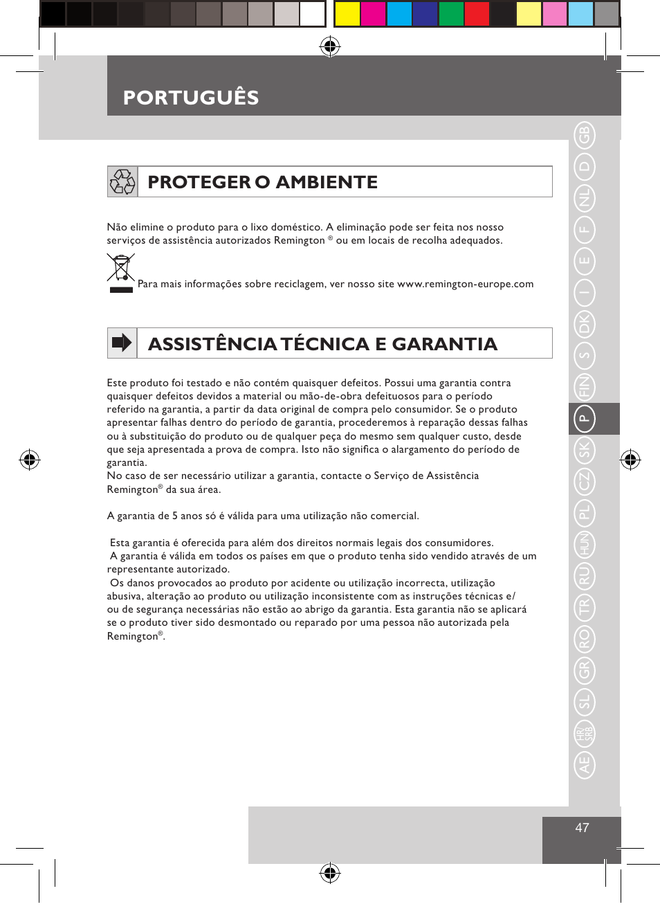 Português, Proteger o ambiente, Assistência técnica e garantia | Remington CI9522 User Manual | Page 49 / 108