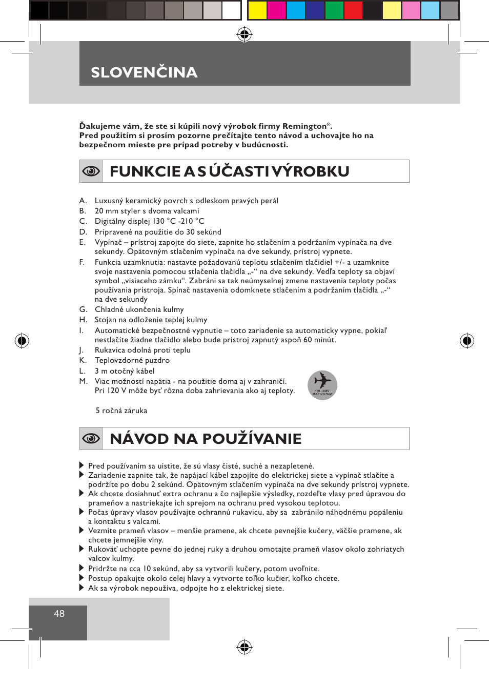 Sloven ina, Slovenčina, Funkcie a s účasti výrobku | Návod na používanie | Remington CI9522 User Manual | Page 50 / 108