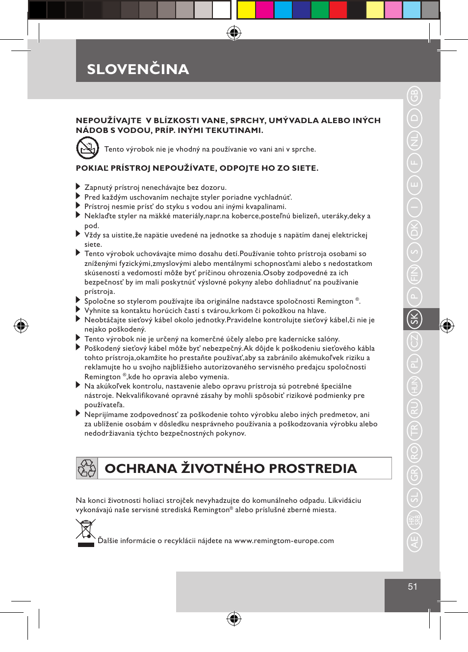 Sloven ina, Slovenčina, Ochrana životného prostredia | Remington CI9522 User Manual | Page 53 / 108