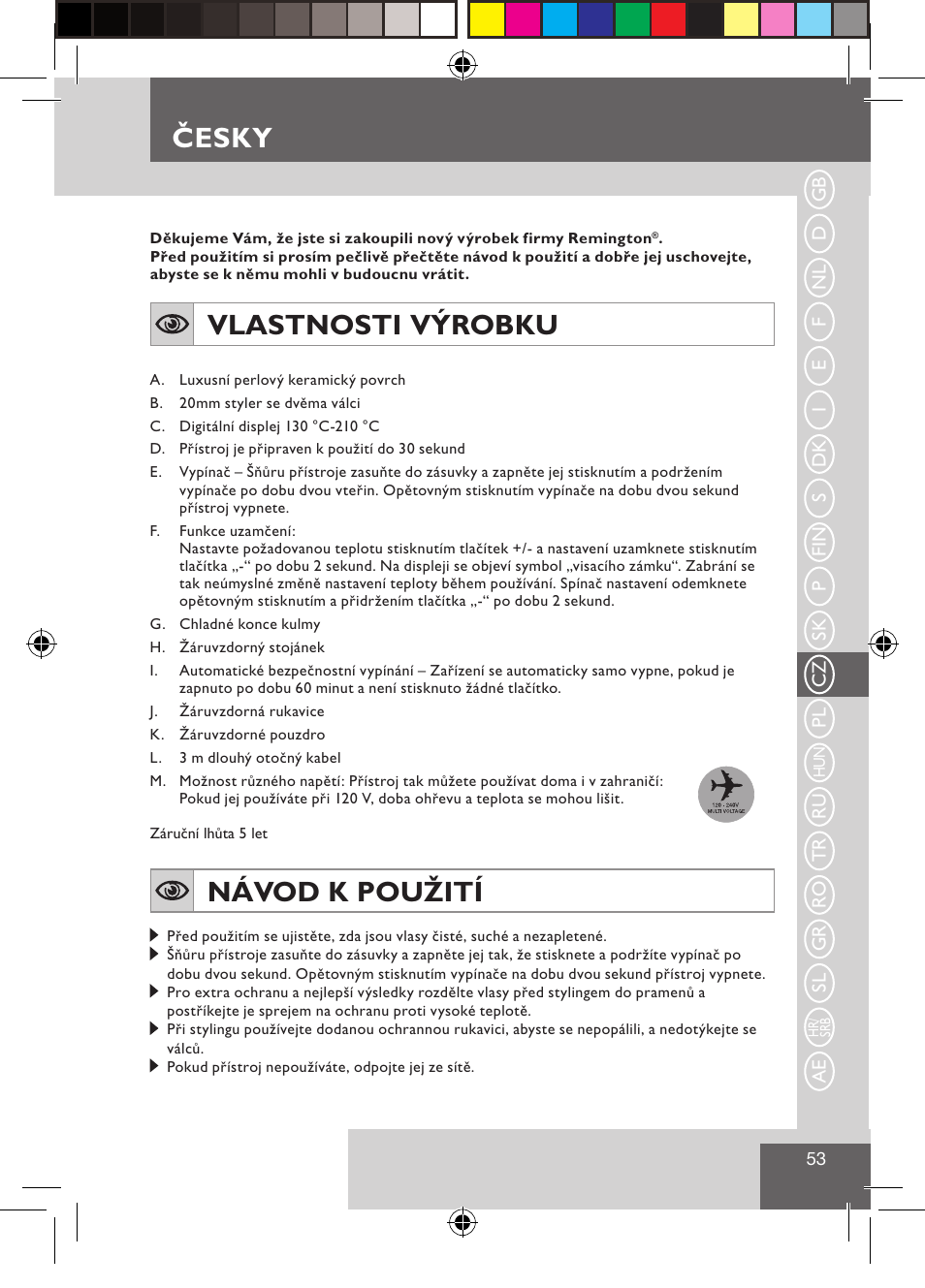 Česky, Vlastnosti výrobku, Návod k použití | Remington CI9522 User Manual | Page 55 / 108